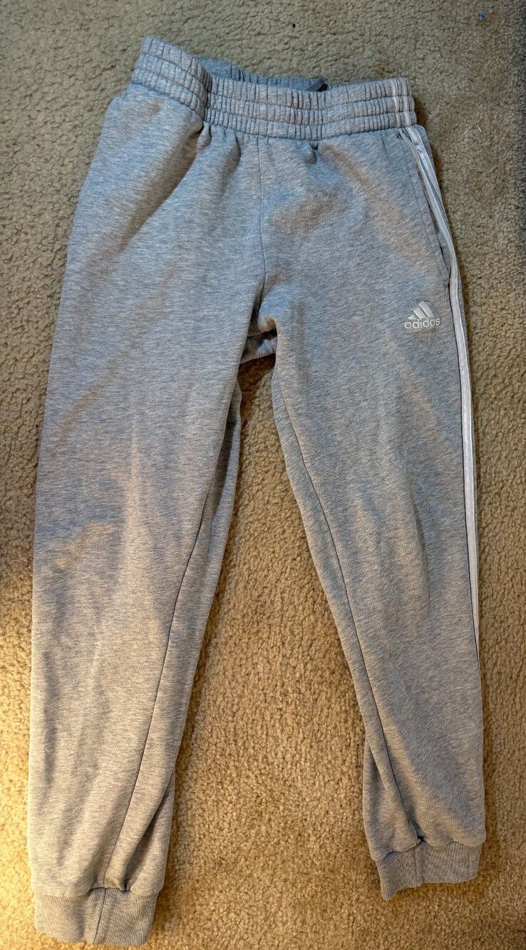 Adidas Youth Medium 10/12 Gray Fleece Jogger Sweatpants White 3 Stripes Kids